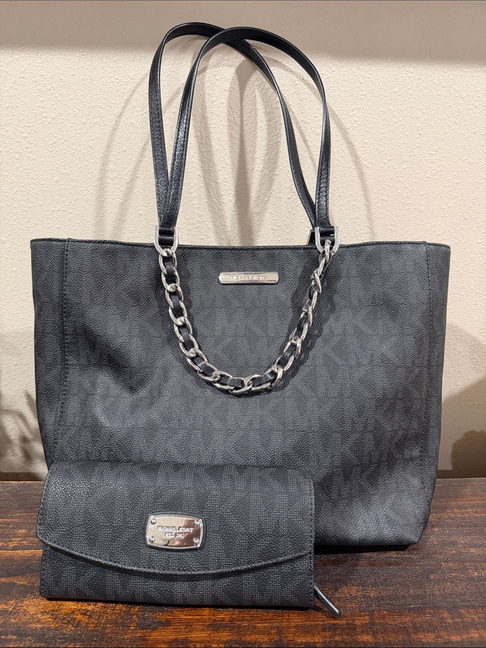 Michael Kors Black Logo Tote with Silver Chain and Matching Wallet